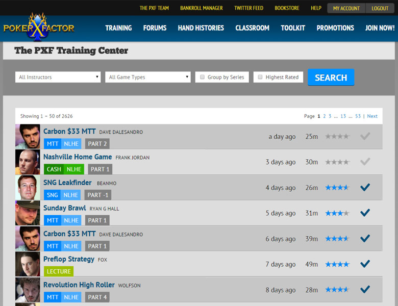 PokerXFactor Training Center: Searchable Data Grid - Web Design/Development, UX